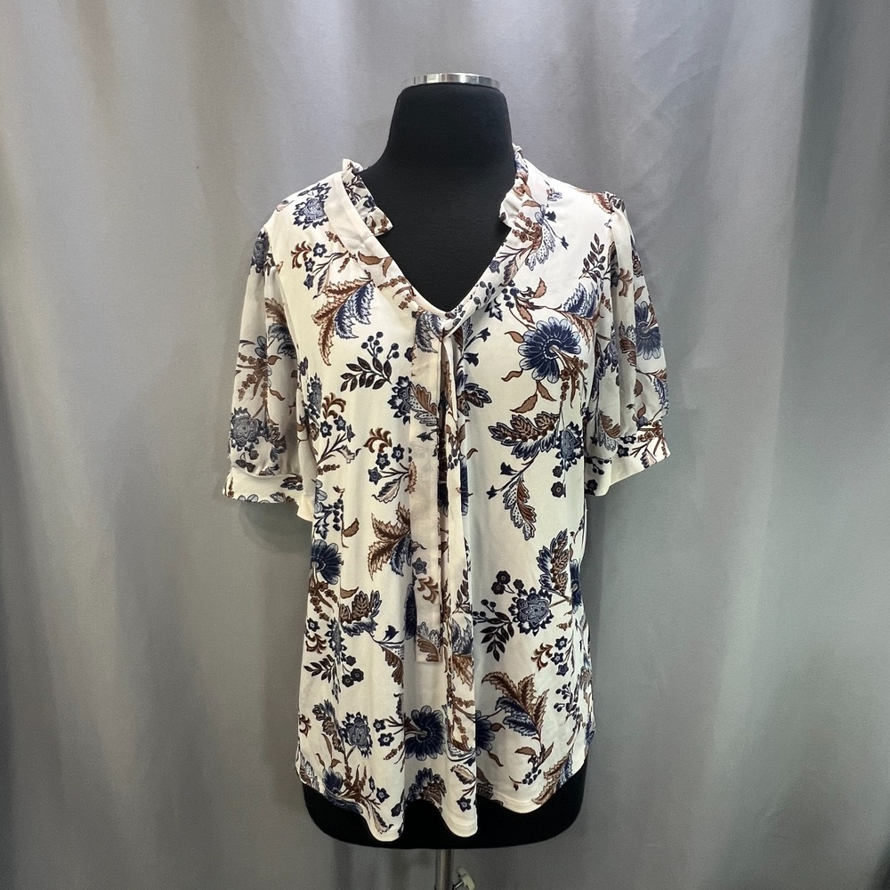 Perception Concept Blouse Top Womens XL White Floral Print Tie Front V Neck